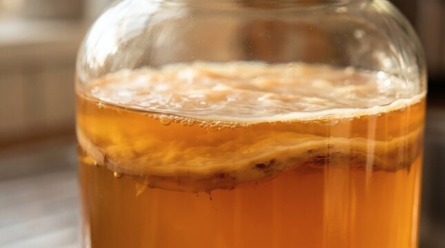 Homemade kombucha scoby floating inside a large glass fermentation jar