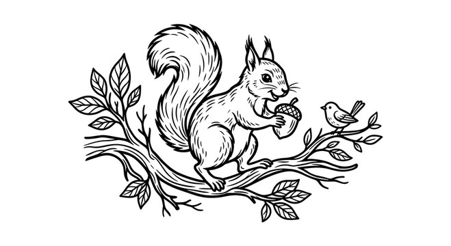 Adorable squirrel holding a small acorn on a rustic tree branch features clean black line art style with a friendly bird in this whimsical illustration