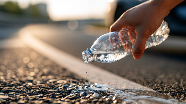 European hand dropping a plastic water bottle out of a car window onto a bright sunlit road environmental pollution concept littering awareness ecology campaign sustainability idea
