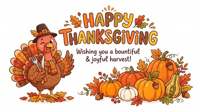 Happy thanksgiving card with a cute cartoon turkey wearing a pilgrim hat and holding a fork and knife next to a pile of pumpkins and autumn leaves