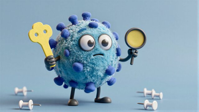 Blue cartoon virus holds key and magnifying glass, surrounded by pins.