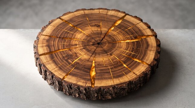 Rustic wood slice with glowing gold resin inlay, decorative timber cross section with kintsugi style cracks, natural oak tree ring art on stone background