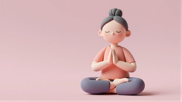 Cute clay figurine meditates peacefully in soft pink setting.