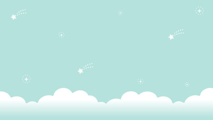 Obraz premium 雲と星空のパステルグリーン背景ベクター（AI形式・16:9・流れ星・ゆめかわ・ファンタジー）