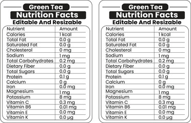 Fototapeta premium Detailed green tea nutrition facts label editable vector illustration