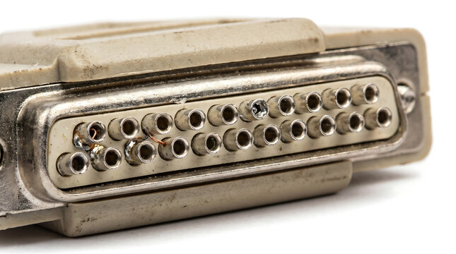 Close-up of a vintage DB25 serial computer port connector with jumper wires soldered onto the pins, isolated on white background.
