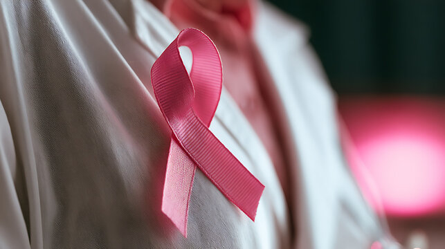 Symbolic pink ribbon adorning a person's chest representing widespread breast cancer awareness and the vital importance of early detection encouraging hope and advocacy for a cure.