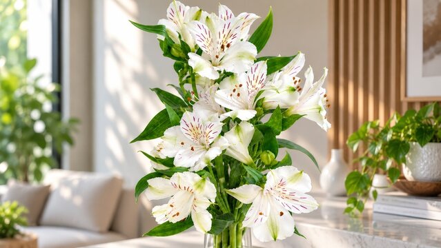 White Alstroemeria Flowers in Glass Vase in Bright Modern Home Interior