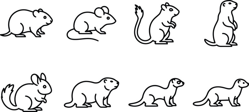 Linear icons set of small rodents and mammals including mice and weasels with chinchilla squirrel wildlife creature
