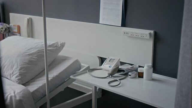 Medical diagnostic equipment and medicine bottles resting on bedside table near empty hospital bed. Perfect for healthcare marketing, clinical campaigns, and patient care video projects