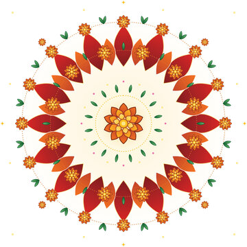 Marigold garland rangoli mandala, vibrant orange flower genda phool diwali floor art vector
