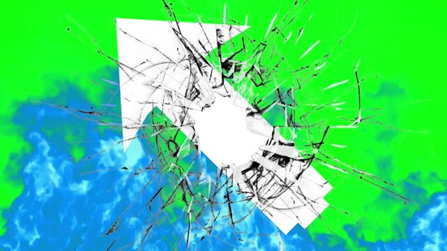 Large white arrow breaks through shattered glass surrounded by blue smoke.