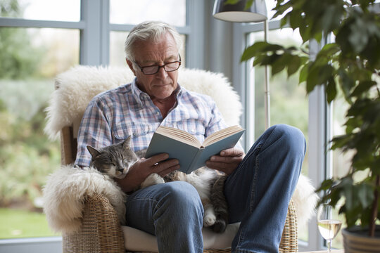 Senior man reads book, relaxed, contented, with cat. Cat rests calmly on chair beside him, eyes half-closed. Large window lets soft daylight fill the cozy room. Woven chair, fluffy cushion