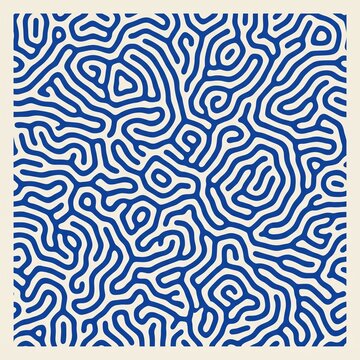 Turing pattern organic texture, blue and white reaction diffusion background, abstract biological maze structure for modern graphic design