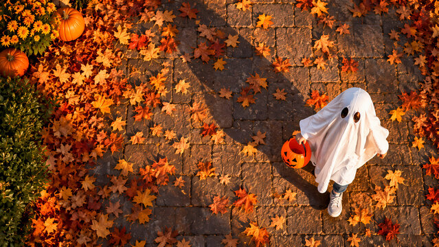 An overhead view shows a child in a white sheet ghost costume walking along a leaf-covered path with an orange pumpkin bucket, surrounded by scattered autumn foliage and seasonal decorations outdoors