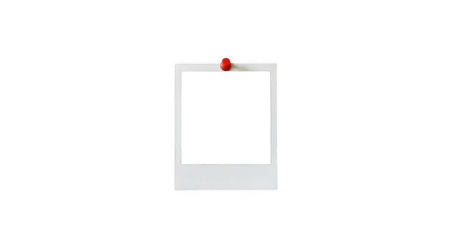 Blank instant photo frame with red pin isolated on transparent background