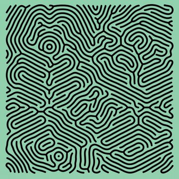 Reaction diffusion pattern with organic black lines, generative turing pattern on mint green background, abstract biological texture for modern design