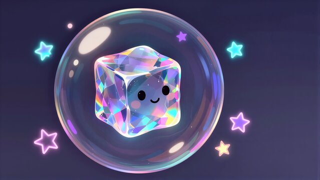 A cute, sparkling cube with a smile floats inside a bubble surrounded by glowing stars.