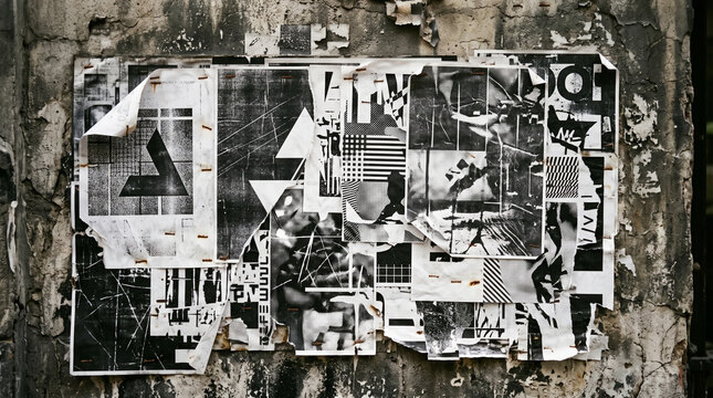 music flyer collage on weathered wall with torn posters