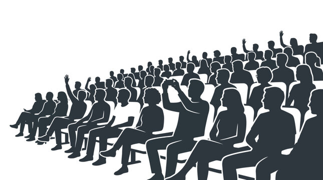 Large audience sitting in rows attending an educational lecture presented as a professional flat vector illustration