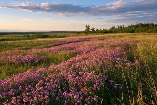 Pink campion meadow at sunset in summer landscape