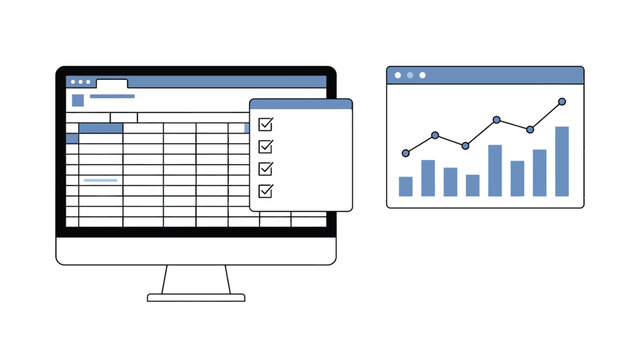Digital computer screen displaying blue data spreadsheets and professional analytical line graph vector graphic illustration style