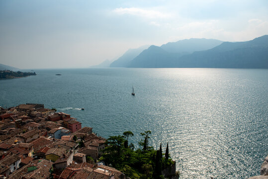 Panoramic view of Malcesine town and Lake Garda, Italy