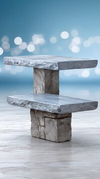 Polished soapstone podium for product display with blue bokeh background