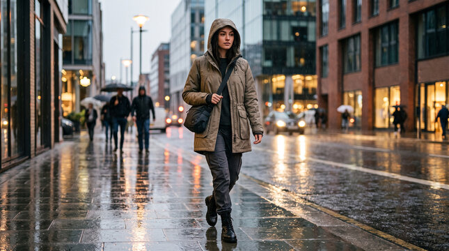 person walking in rain on urban city street with wet pavement