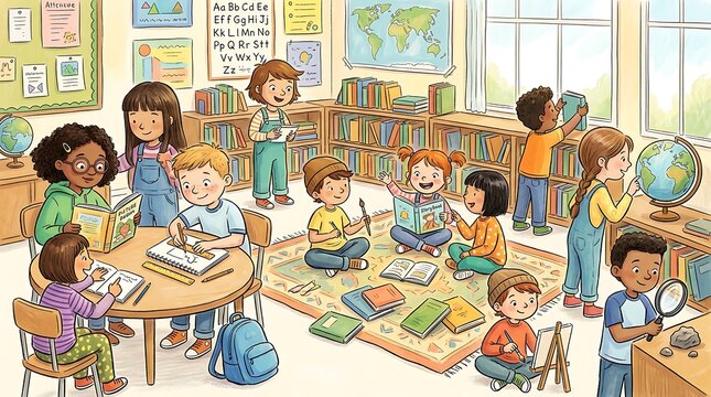 Group of diverse children studying and reading books together in a colorful school classroom illustration