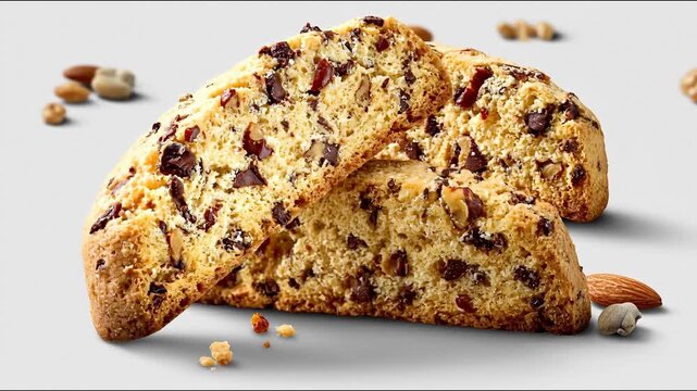 A close-up studio shot of chocolate chip biscotti cookies arranged with scattered almonds and crumbs on a white background.