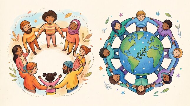 Diverse group of happy people holding hands in a circle around the planet earth for global peace and unity concept