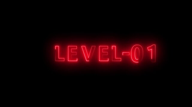Glowing red text display showing the words level 01 on a solid black background, Rainbow colour letters spelling out Glowing neon colour LEVEL text animation. 4k video.