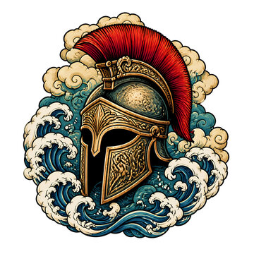 Ancient spartan warrior helmet featuring detailed golden engravings and a vibrant red crest floating amidst artistic swirling blue ocean waves