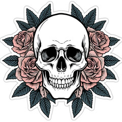 Fototapeta premium Human skull surrounded by detailed pink roses and dark green leaves presented as a vibrant sticker style vector graphic illustration
