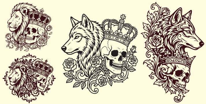Powerful Wolf Profile with Crowned Human Skull, Gothic Blackwork Tattoo Vector Design