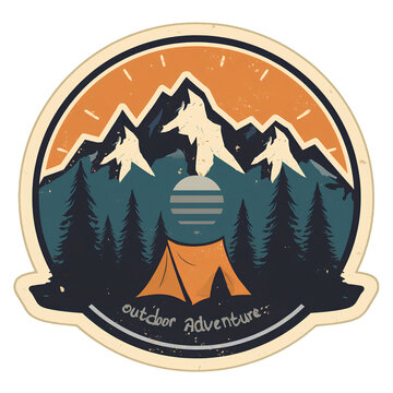 Vintage circular badge design featuring majestic mountain peaks and dense pine forest with a camping tent for outdoor adventure enthusiasts