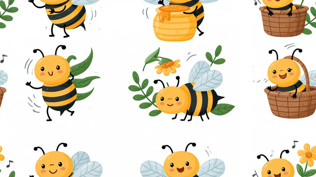 Cute cartoon funny bees with honey and flowers, seamless pattern
