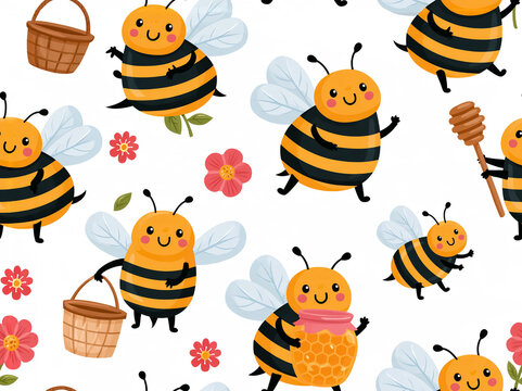 Cute cartoon funny bees with honey and flowers, seamless pattern