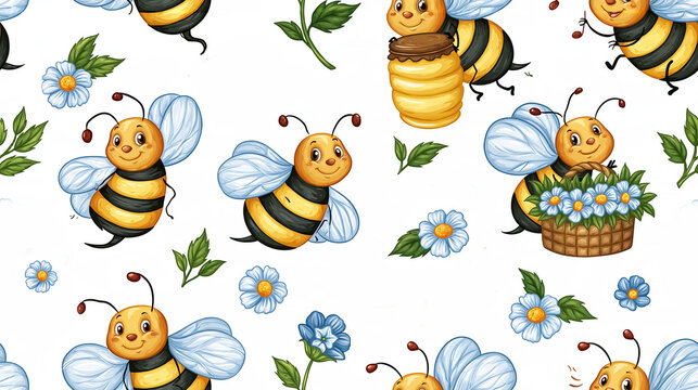 Cute cartoon funny bees with honey and flowers, seamless pattern