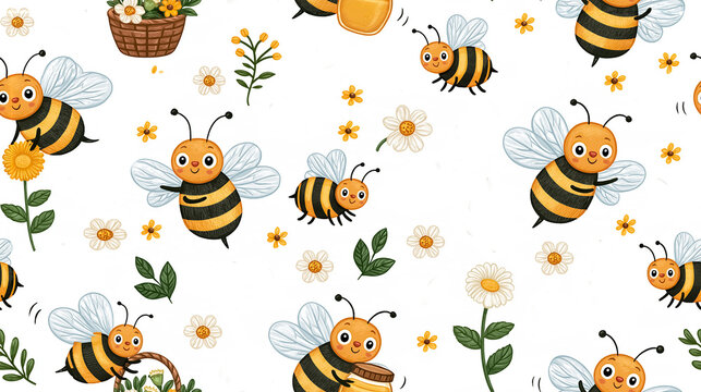 Cute cartoon funny bees with honey and flowers, seamless pattern