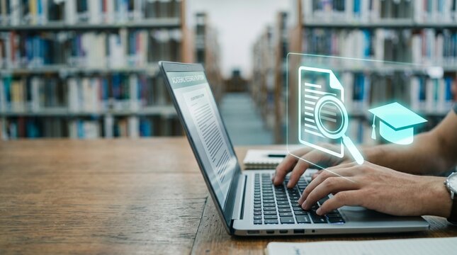 Digital education technology concept with student using laptop in library, online research and e-learning icons, academic study and data search