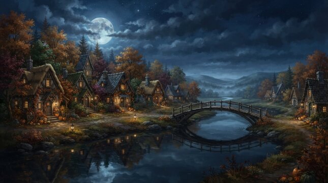A quaint village by a bridge under a bright full moon