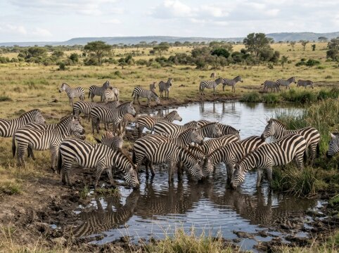 A herd of zebras gathers at a waterhole in the African savanna