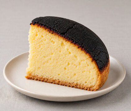 Part de tourteau fromag&eacute; en coupe, montrant le contraste entre la vo&ucirc;te noire caract&eacute;ristique et le c&oelig;ur moelleux du g&acirc;teau poitevin