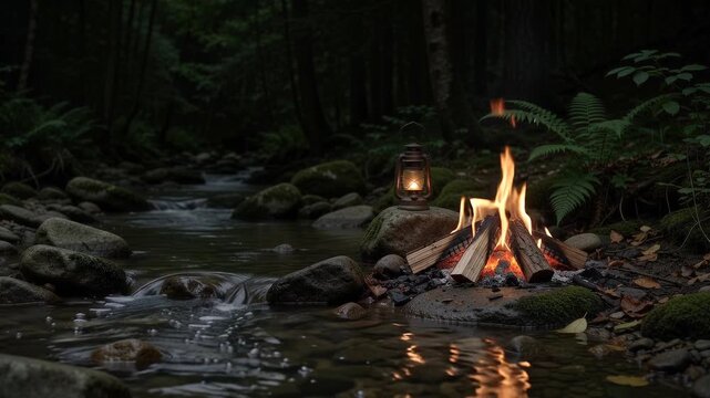 A warm campfire burns brightly beside a rushing forest stream while a glowing lantern rests on a mossy rock during a peaceful evening in the wilderness surrounded by green foliage and tall trees