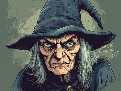 A detailed, realistic style portrait illustration of a stern, angry old witch with white hair, wearing a large, dark green pointy hat.
