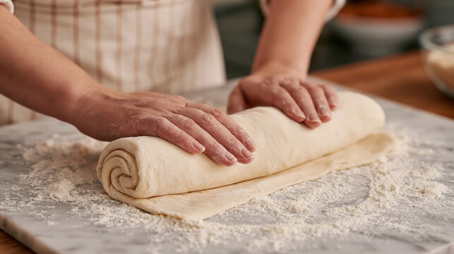 Close up of flaky pastry dough being folded and layered on a marble slab dusted with flour on national pastry day, professional baking technique, December food holiday, artisan