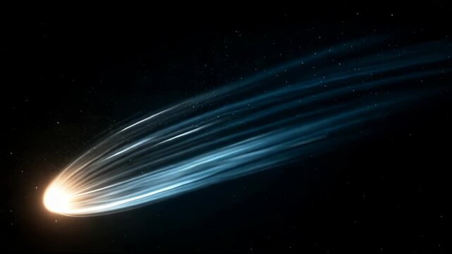 A comet with a bright glowing tail streaks across the dark night sky in deep space, its trail illuminated against countless distant stars in a cinematic cosmic scene.