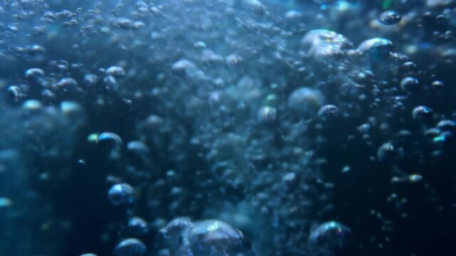 Bubbles rise and disperse in dark blue water, creating an ethereal underwater effect. water aquatic fluid macro close-up rising floating dispersing effervescence liquid ocean sea